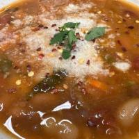 Pasta e Fagioli Soup · Pasta, white cannellini beans, with a touch of fresh plum tomatoes, garlic, and extra virgin...