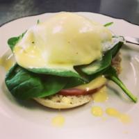 Eggs Benedict - Combination · Two poached eggs, sauteed spinach and Canadian bacon, served on an English muffin with house...