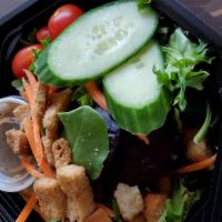 Garden Salad · Organic mixed greens, tomato, cucumbers, carrots, and croutons. Add-ons for an additional ch...