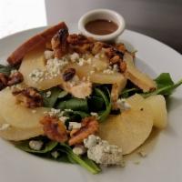 Pear, Blue Cheese and Spinach Salad · Grilled chicken breast, spinach, pears, blue cheese, caramelized walnuts, balsamic vinaigret...
