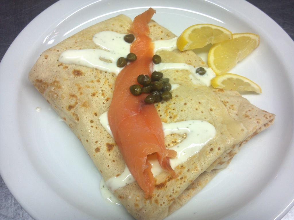 Smoked Salmon Galette · Delicious smoked salmon served with dill cream sauce.