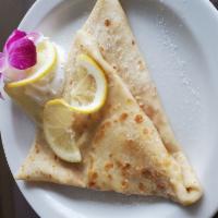 Lemon-Sugar Crêpe · Fresh lemon juice, sugar, and butter, topped with powdered sugar. Whipped cream served on th...