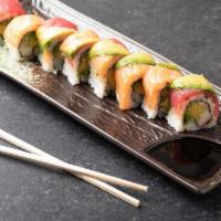 Rainbow Roll · Spicy kani, cucumber, avocado topped with tuna, salmon and avocado topped with spicy mayo.