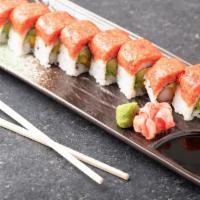 Red Dragon Roll · Kani, cucumber, avocado topped with tuna.