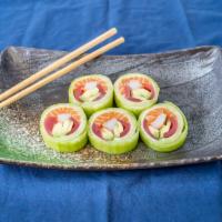 Naruto Roll · 6 pieces of Salmon, tuna, kani, avocado wrapped with cucumber.