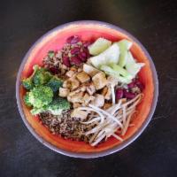 Sesame Ginger Chicken Grain Bowl · Chicken, broccoli, cucumber, bean sprouts, kidney beans and sesame ginger dressing.