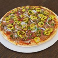 Big O Pizza · Homemade pizza crust, pepperoni, ham, salami, sausage, mushroom, green olive, green pepper, ...