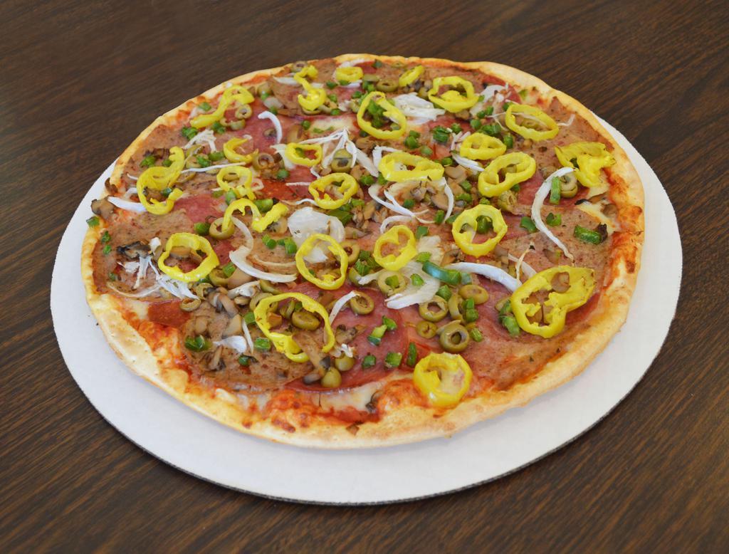 Big O Pizza · Homemade pizza crust, pepperoni, ham, salami, sausage, mushroom, green olive, green pepper, onion and hot banana pepper.