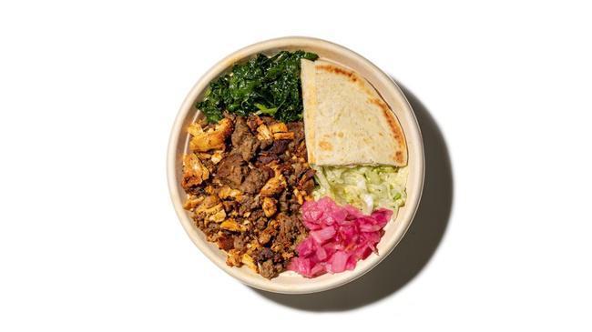 Salad Mixed · Mix of Grilled Juicy! Chicken & Gyro served over Green Blast® (kale, spinach, tossed in homemade cilantro lime dressing) and lettuce, topped with pickled onions & slice of pita bread (Note: pita bread contains gluten)