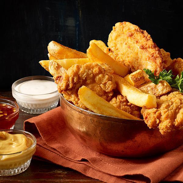 Crispy Chicken Tenders · Country Fried Chicken Tenders with Choice of Honey Mustard, Buffalo Red Hot, Sweet Thai Chili, or Honey Barbecue Dipping Sauce, Served with French Fries
