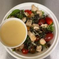 Mozzarella Chicken Caprese Salad · Mixed greens, topped with grilled chicken breast, mixed cherry tomatoes, mozzarella, served ...