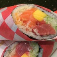 Sushi Wee Burrito · Salmon, tuna, spicy mayo, cucumber, mango, tempura crunch, and sesame seeds. served with you...