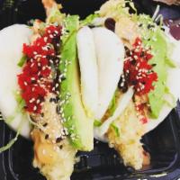 The Shrimp Burger · Tempura shrimp,avocado,cucumber masago,lettuce and peanut with spicy mayo and eel sauce.  Se...