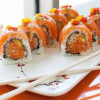 Golden Eye · Crunchy spicy salmon and mango topped w salmon jalapeno,red &yuzu tobiko w miso sauce