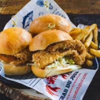 Fried Fish Sliders · 3 pieces. Flounder, lettuce, tomato, mayo and 1000 Island dressing.