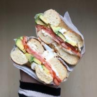 Bagel with Cream Cheese, Avocado, Tomatoes · 
