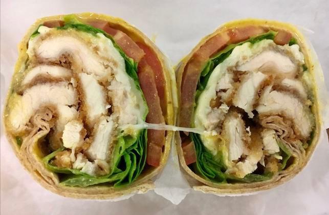 Six corners Wrap · Chicken Cutlet, Cheddar Cheese, Banana Peppers, Lettuce, Tomatoes avocado & Chipotle  Mayo.