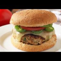 Cilantro Burger · Cilantro Burger With Pepper Jack Cheese, Lettuce, Tomatoes And Jalapenos