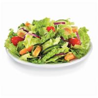 Garden House Salad · Crispy Romaine Lettuce, Cucumbers, Tomatoes and Bell Peppers and Garlic Roasted Croutons.