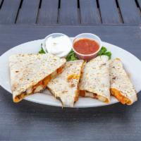 Chicken Quesadilla · Grilled chicken, cheese, tomatoes, olives, jalapenos, and onions in a flour tortilla. Served...