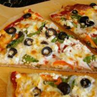 Greek Pizza · Olive oil, beef, tomatoes, feta, bell peppers, onions, black and green olives, artichokes, f...