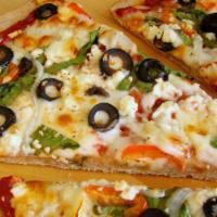Mediterranean Pizza · Olive oil, gyro meat, tomato, red onion, pepperoncini, feta cheese and mozzarella cheese.