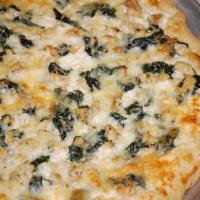 Spinach Chicken Alfredo Pizza · Cream Alfredo sauce, chicken, mushrooms, spinach, fresh basil and mozzarella cheese.