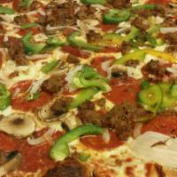 Deluxe Pizza · Pizza sauce, pepperoni, beef, Italian sausage, mushrooms, onions, bell peppers and mozzarell...