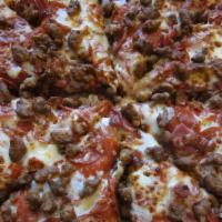 All Meat Pizza · Pizza sauce, pepperoni, beef, Italian sausage, Canadian bacon, ham and mozzarella cheese.