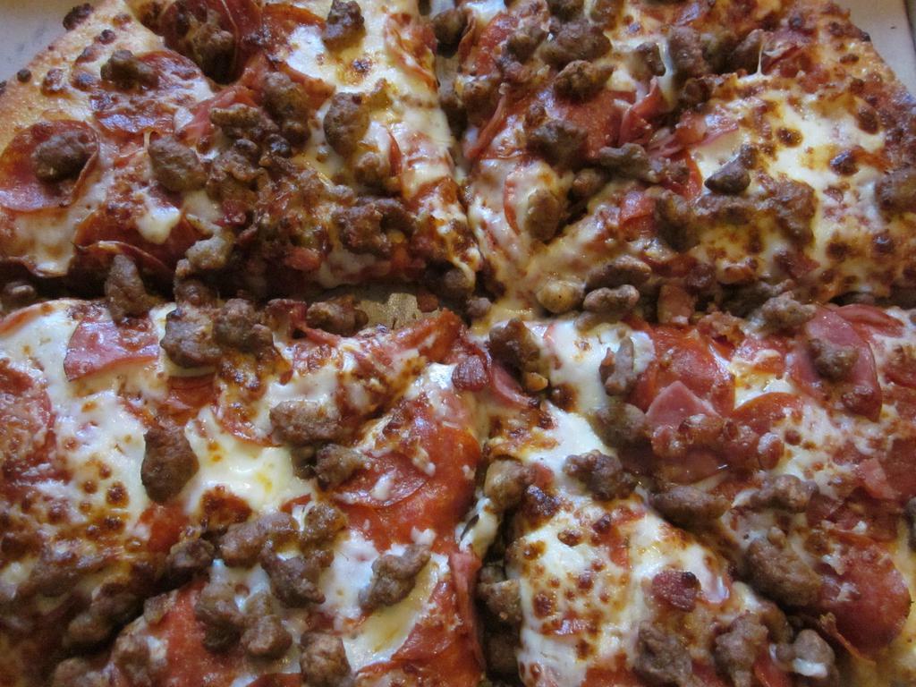 All Meat Pizza · Pizza sauce, pepperoni beef, Italian sausage, Canadian bacon, ham and mozzarella cheese.