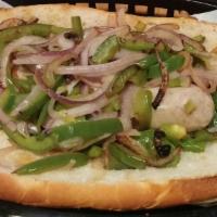 Beer Basted Bratwurst Sausage Sandwich · On a French roll with sauteed onions and peppers.