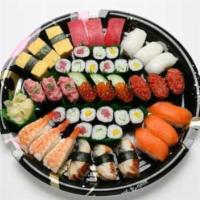 D-Nigiri Set Party Platter · 45 pieces. 3 pieces each nigiri; ahi, ika, salmon, ahrimp, egg, unagi, ikura, masago (tempor...