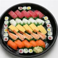 Aloha Set Party Platter · 43 pieces. 5 pieces each nigiri; ahi, ika, salmon, shrimp, egg. 6 pieces each hosomaki roll;...
