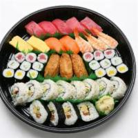Family Set Party Platter · 45 pieces. Nigiri ; 5 pieces ahi, 3 pieces shrimp, 2 pieces salmon, 2 pieces egg, 3 pieces i...