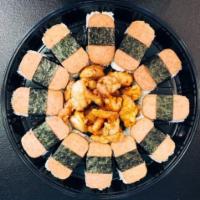 Beach Set Party Platter · 12 spam sushi, garlic chicken.