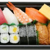 Nigiri Lunch Box · 15 pieces. Ahi, ika, salmon, shrimp, egg, 2 pieces futomaki, 2 pieces inari, 2 pieces hosoma...