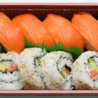 Salmon Lover Nigiri · Salmon nigiri 4 pieces and salmon California maki roll (smoked salmon, avocado, cucumber, ma...