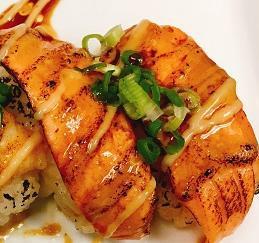 Seared Salmon Nigiri · Seared salmon, sesame shoyu, spicy mayo, miso mayo, green onion. Spicy.