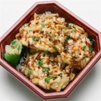 Spicy Kakiage Bowl · Kakiage (mixed vegetable tempura) 3 pieces with nori, green onions, spicy sauce and teriyaki...