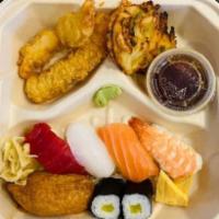 Sushi Tempura Bento · Ahi nigiri, ika nigiri, salmon nigiri, ebi nigiri, inari, egg, shinko maki 2 pieces, kakiage...
