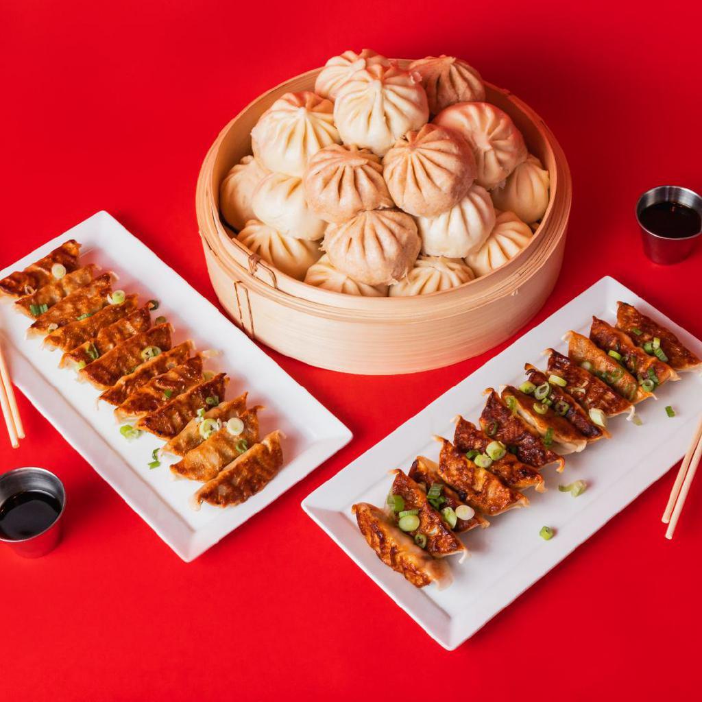 The Party Bundle · Perfect for a larger crowd of 8-12 people. The Party Bundle is 24 of our signature bao (6 each of Teriyaki Chicken, BBQ Berkshire Pork, Spicy Mongolian Beef, and Whole Wheat Vegetable) and 24 pan-seared Ginger Chicken potstickers.