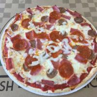 Meat Maniac Pizza · Pepperoni, sausage and ham.