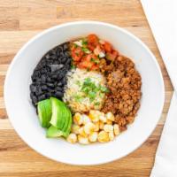 Complex Tex Mex · Vegan picadillo (Impossible ground meat), black beans, pico de gallo (tomato, onions and cil...