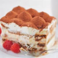 Tiramisu Big tray (6portions) · Layers of sponge cake soaked in coffee with powdered chocolate and mascarpone.

