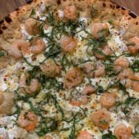 Scampi Pizza  · Shrimp, extra virgin olive oil, garlic, basil, Parmesan, mozzarella, lemon zest, and parsley. 