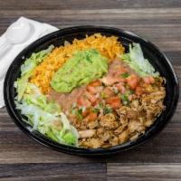 Chicken Bowl · Lettuce, rice, beans, cheese, pico de gallo and guacamole 
