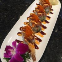 Red Sox Maki · Shrimp tempura and cucumber topped with spicy tuna. Hot and spicy.