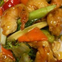 Aromatic Shrimp · Lightly battered jumbo shrimp stir-fried with vegetables and finished with spicy garlic sauc...