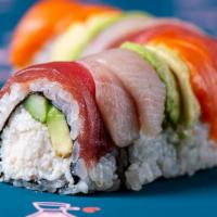 Rainbow Roll · Sushi Rice, kani kama mix, yellowtail, king salmon, ahi tuna, avocado, cucumber, sesame seed...
