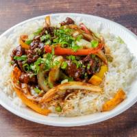 Chili Chicken with Rice · White Rice Served with Chicken and Sauté bell pepper and onion.